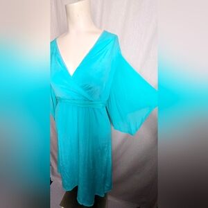 Marée Pour Toi Aqua Blue Architectural Batwing Sleeves Wrap Dress Size 14
